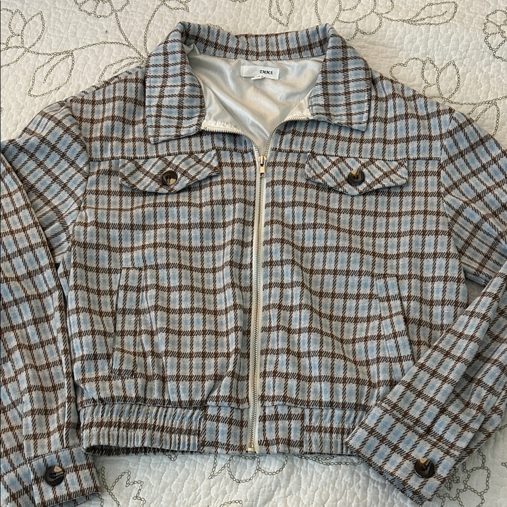 Emma Cropped Plaid Jacket in Blue and Brown